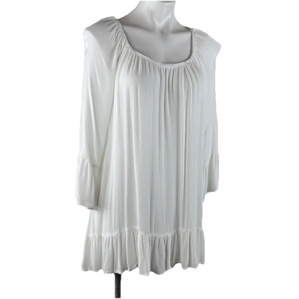 Style & Co Women's L Peasant Boho Blouse Tunic Gauze 3/4‎ Bell Sleeve Off White